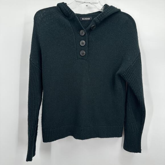 Naadam Sweater Womens XXS Black Wool Cashmere Blend Hoodie Pullover Button Front - Picture 1 of 12